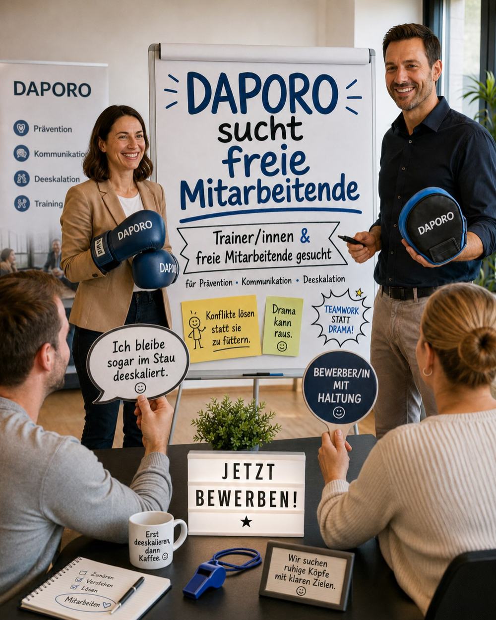 DAPORO sucht freie Mitarbeitende: Trainerinnen und Trainer für Prävention, Kommunikation und Deeskalation – Team vor einem Flipchart mit den Sprechblasen „Konflikte lösen statt sie zu füttern“, „Teamwork statt Drama“ und „Jetzt bewerben“.